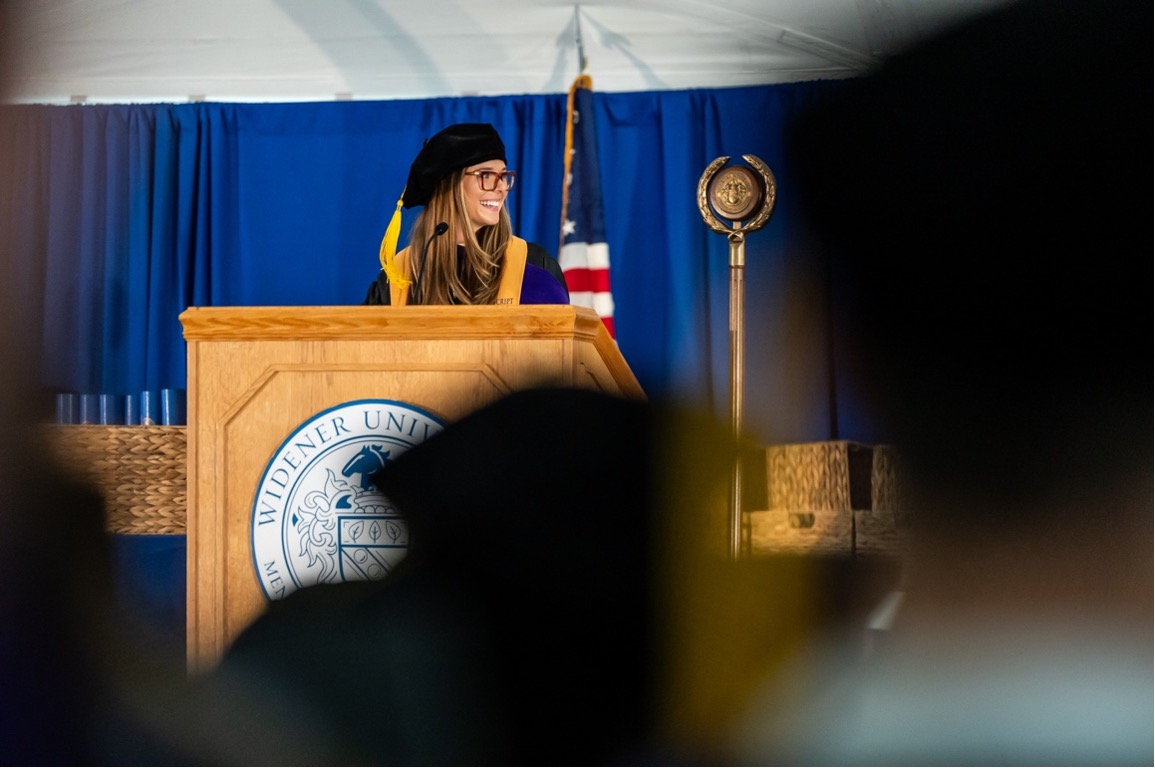 Delaware Law School Class of 2025 Valedictorian Kristin Cunningham speaks at the ceremony on Friday, May 16th, 2025