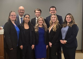 Front Row (L-to-R): Naomi Knight '27, Catarina Alverez (CSK), Sophie Burkel '26, Alisandra Weaver '26, Kayla Lopez '27. Back Row (L-to-R): Aram Megerian, Esq. '95 (CSK Managing Partner), Casey Esch (CSK), and Joshua Heath (CSK).