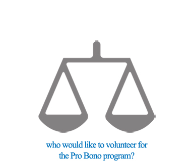 grey icon of a scale asking who would like to volunteer for the Pro Bono program